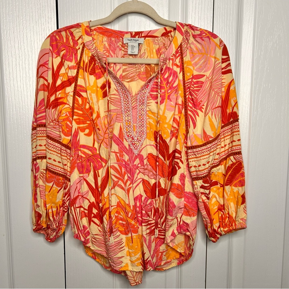 Haute Hippie Size S Tropical Floral Bohemian Peasant Style Blouse With Tassels